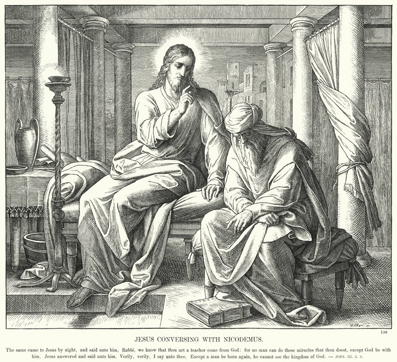Jeesus keskustelee Nikodemuksen kanssa (kaiverrus) tekijältä Julius (after) Schnorr von Carolsfeld