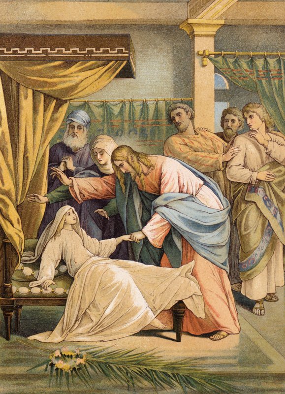 Jeesus ja Jairuksen tytär (värilitografia) tekijältä Julius (after) Schnorr von Carolsfeld