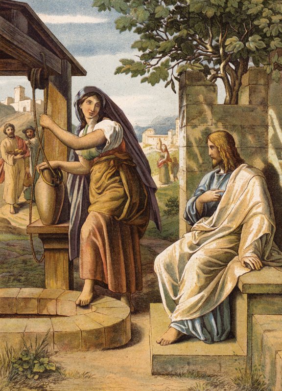 Jeesus ja Samarian nainen (värilitografia) tekijältä Julius (after) Schnorr von Carolsfeld