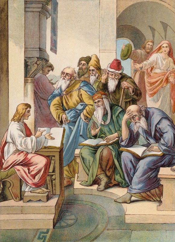Jeesus ja vanhimmat temppelissä (värilitografia) tekijältä Julius (after) Schnorr von Carolsfeld