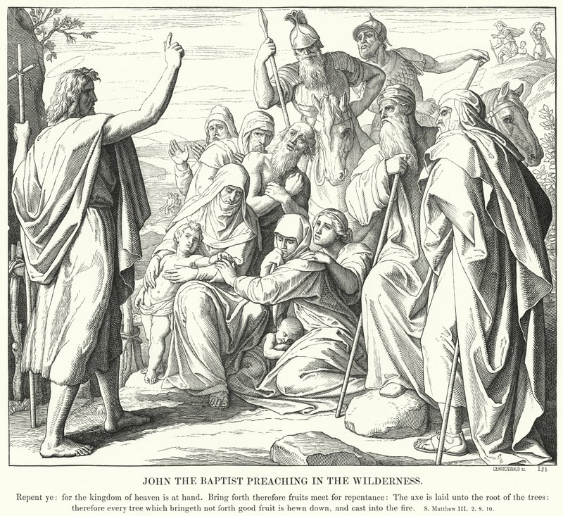 Johannes Kastaja saarnaa erämaassa (kaiverrus) tekijältä Julius (after) Schnorr von Carolsfeld