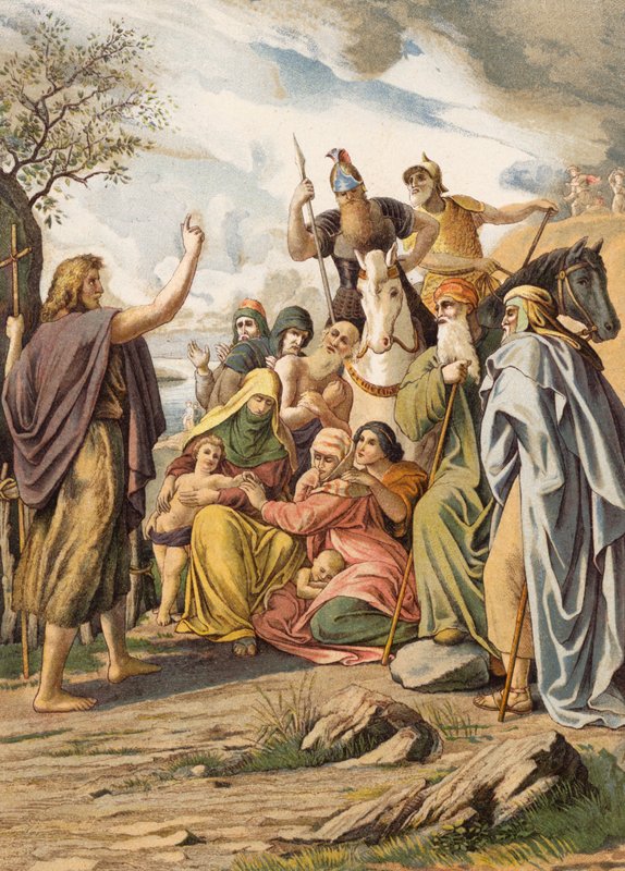 Johannes Kastaja saarnaa erämaassa (värilitografia). tekijältä Julius (after) Schnorr von Carolsfeld