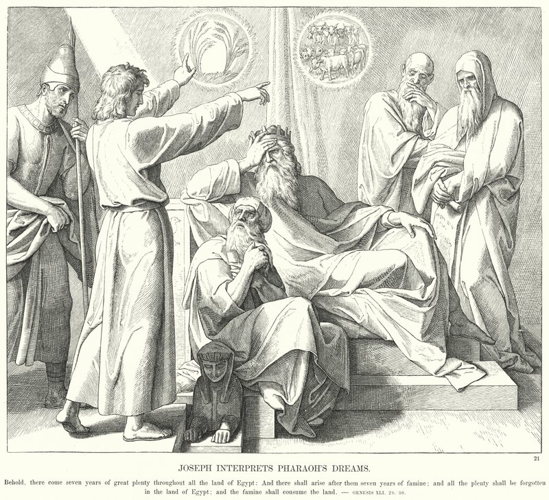 Joosef tulkitsee faraon unia (kaiverrus) tekijältä Julius (after) Schnorr von Carolsfeld