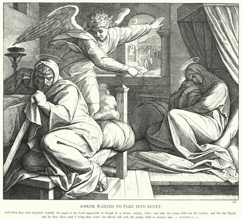 Joosef varoitti pakenemaan Egyptiin (kaiverrus) tekijältä Julius (after) Schnorr von Carolsfeld
