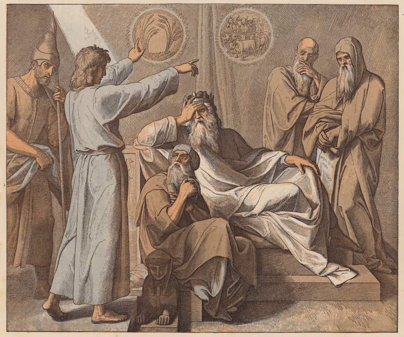 Joosef tulkitsee faraon unia, 1. Mooseksen kirja, XLI, 25 (värillinen kaiverrus). tekijältä Julius (after) Schnorr von Carolsfeld