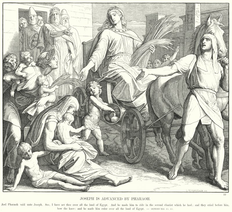 Joosef on faraon edistynyt (kaiverrus) tekijältä Julius (after) Schnorr von Carolsfeld