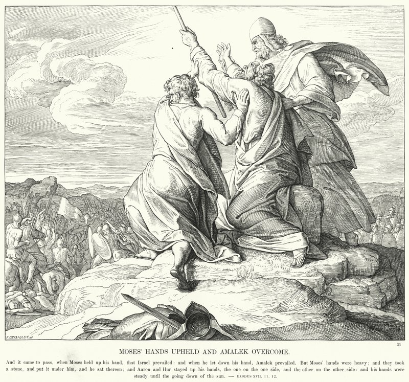 Mooseksen kädet ylhäällä ja Amalek voittaa (kaiverrus) tekijältä Julius (after) Schnorr von Carolsfeld