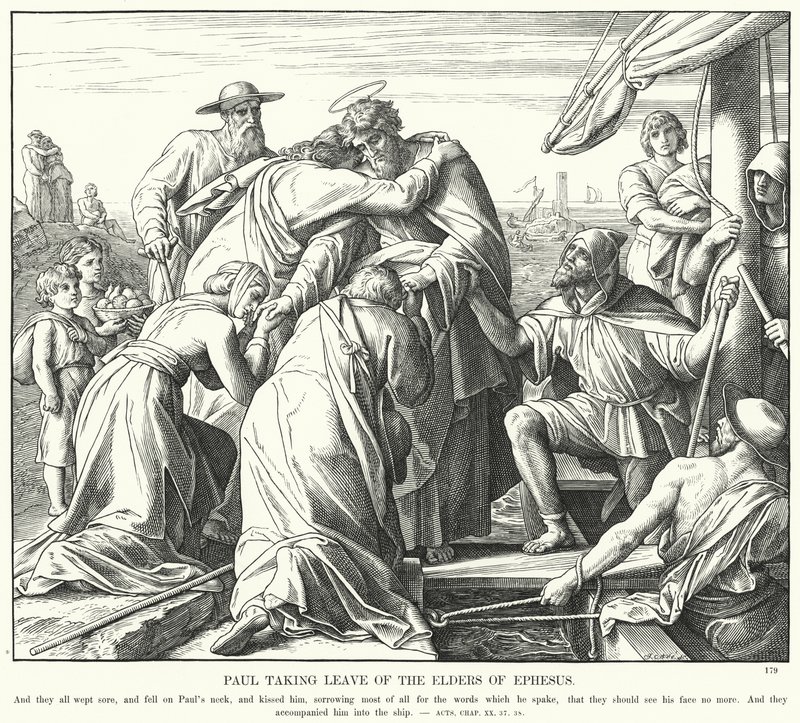 Paavali jättää Efesoksen vanhimpien lomalle (kaiverrus) tekijältä Julius (after) Schnorr von Carolsfeld