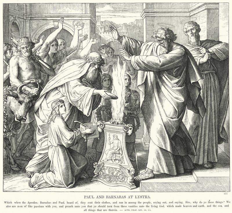 Paavali ja Barnabas Lystrassa (kaiverrus) tekijältä Julius (after) Schnorr von Carolsfeld