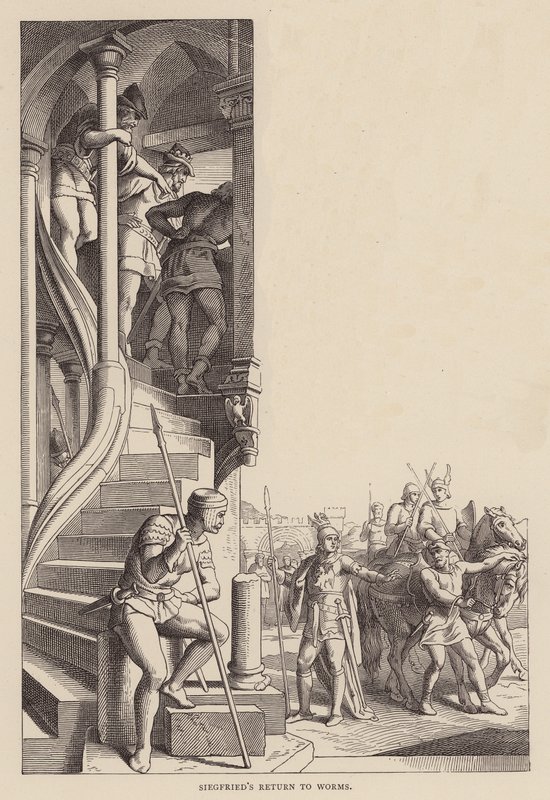 Siegfriedin paluu Wormsiin (kaiverrus) tekijältä Julius (after) Schnorr von Carolsfeld