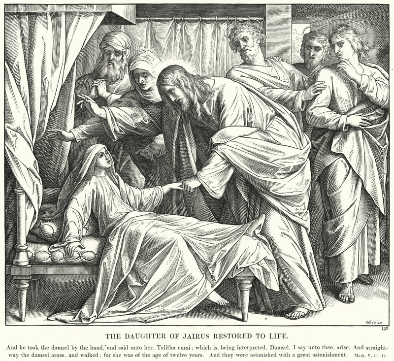 Jairuksen tytär palautettu henkiin (kaiverrus) tekijältä Julius (after) Schnorr von Carolsfeld