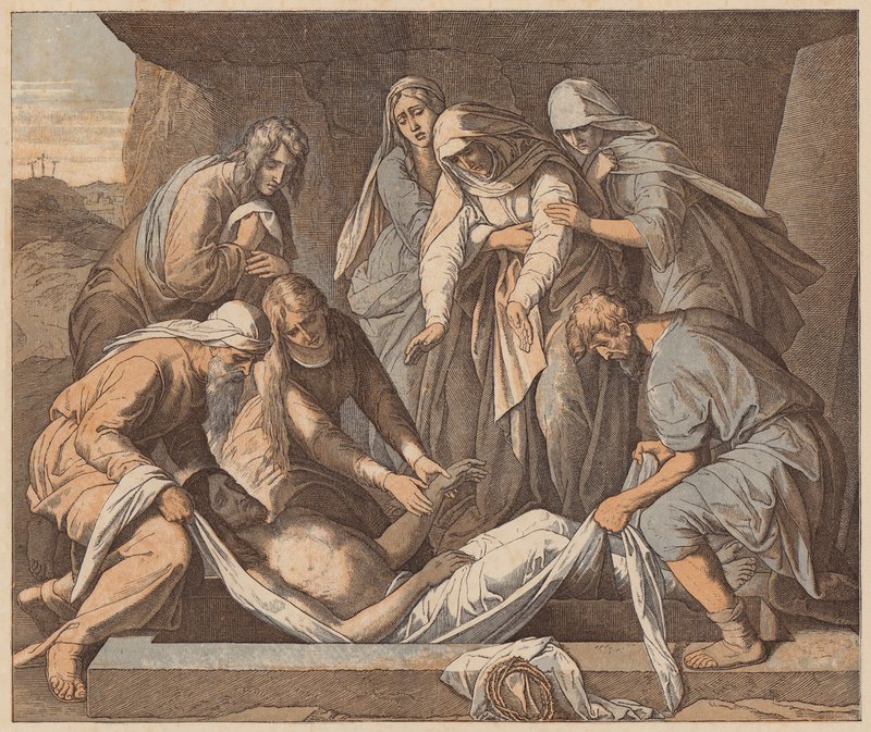 Kristuksen hautaaminen, Johannes, XIX, 41, 42 (värillinen kaiverrus). tekijältä Julius (after) Schnorr von Carolsfeld