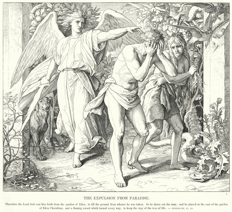 Karkotus paratiisista (kaiverrus) tekijältä Julius (after) Schnorr von Carolsfeld