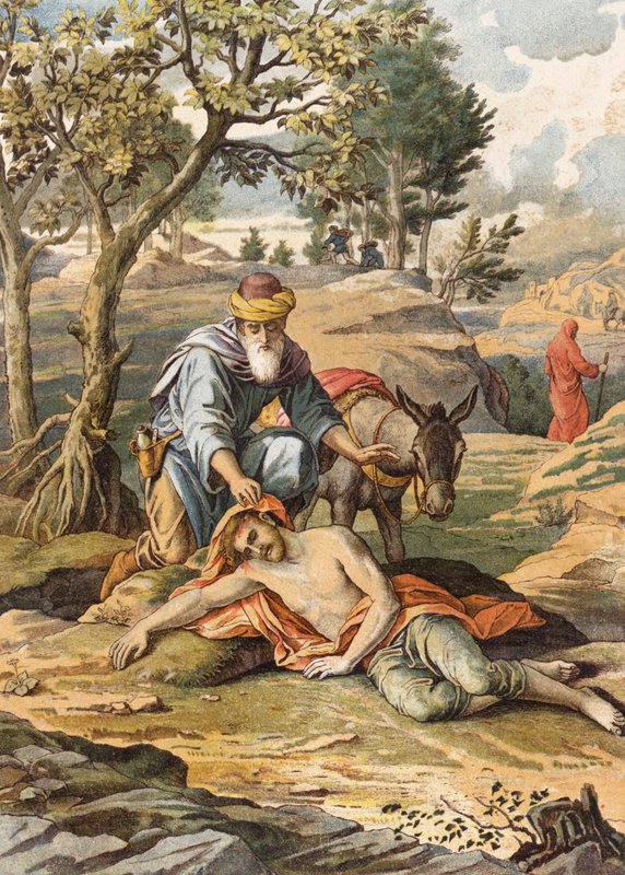 Laupias samarialainen (värilitografia) tekijältä Julius (after) Schnorr von Carolsfeld