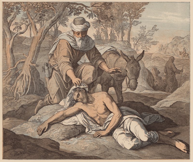 Laupias samarialainen, Luukkaan evankeliumi, X, 33, 34 (värillinen kaiverrus). tekijältä Julius (after) Schnorr von Carolsfeld