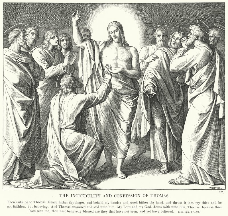 Thomasin uskomattomuus ja tunnustus (kaiverrus) tekijältä Julius (after) Schnorr von Carolsfeld