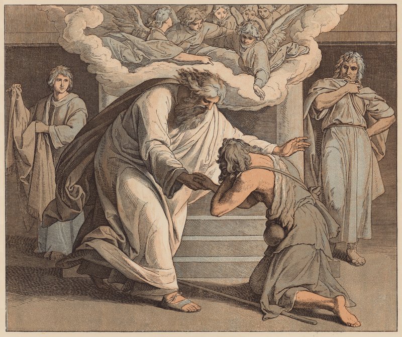 Tuhlaajapoika, Luukkaan evankeliumi, XV, 20 (värillinen kaiverrus). tekijältä Julius (after) Schnorr von Carolsfeld