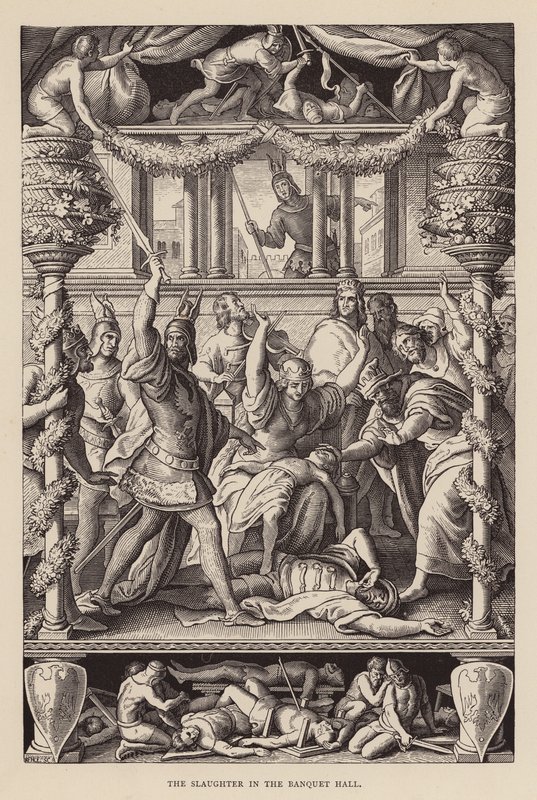 Teurastus juhlasalissa (kaiverrus) tekijältä Julius (after) Schnorr von Carolsfeld