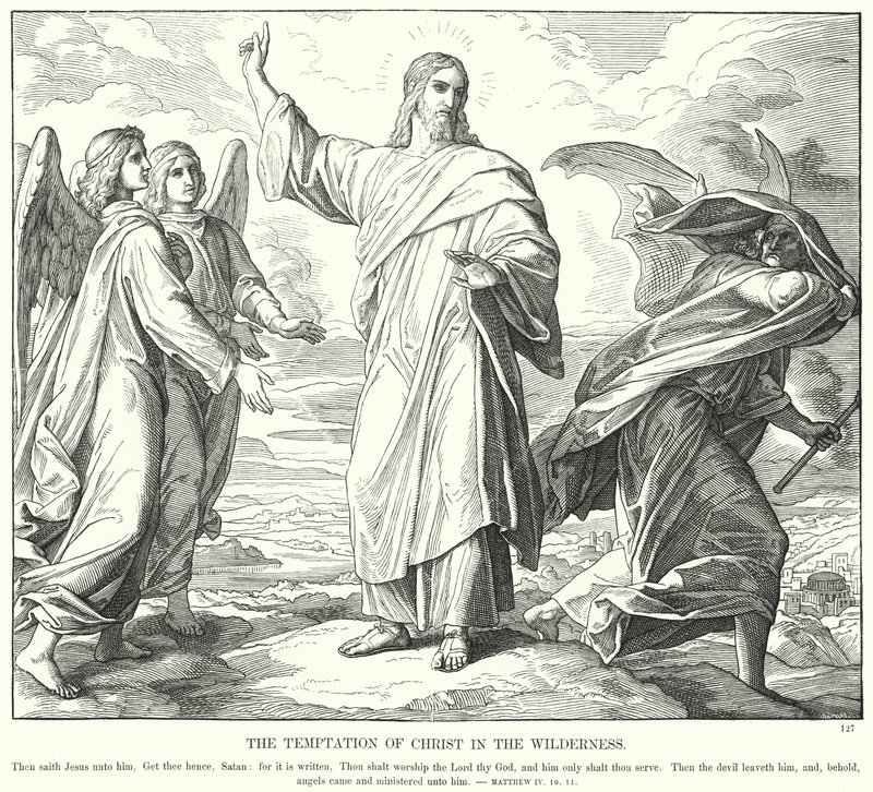 Kristuksen kiusaus erämaassa (kaiverrus) tekijältä Julius (after) Schnorr von Carolsfeld