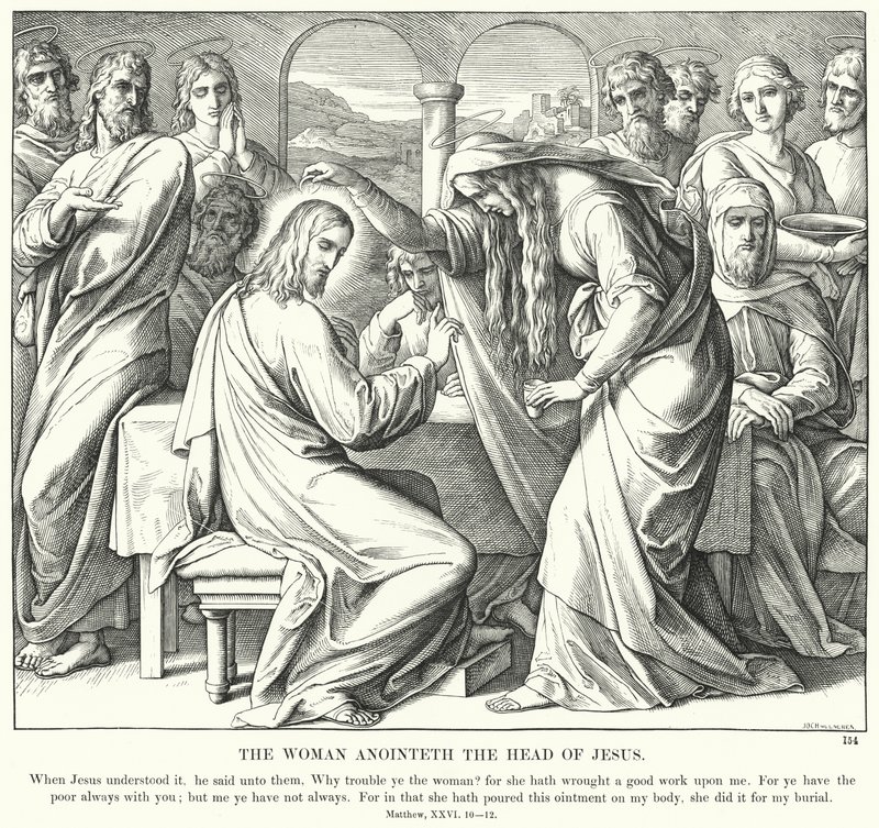 Nainen voitelee Jeesuksen Pään (kaiverrus) tekijältä Julius (after) Schnorr von Carolsfeld