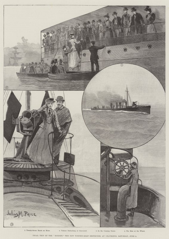 Hornetin, uuden torpedovenetuhoajan, koematka Gravesendissä lauantaina 9. kesäkuuta tekijältä Julius Mandes Price