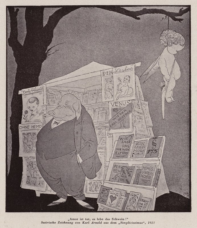 Amor roikkuu puussa pornografiaa myyvän katukioskin yläpuolella (litografia) tekijältä Karl Arnold