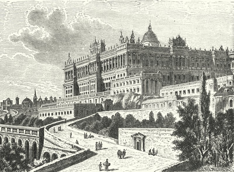 Kuninkaallinen palatsi, Madrid, Espanja (kaiverrus) tekijältä Karl Muller