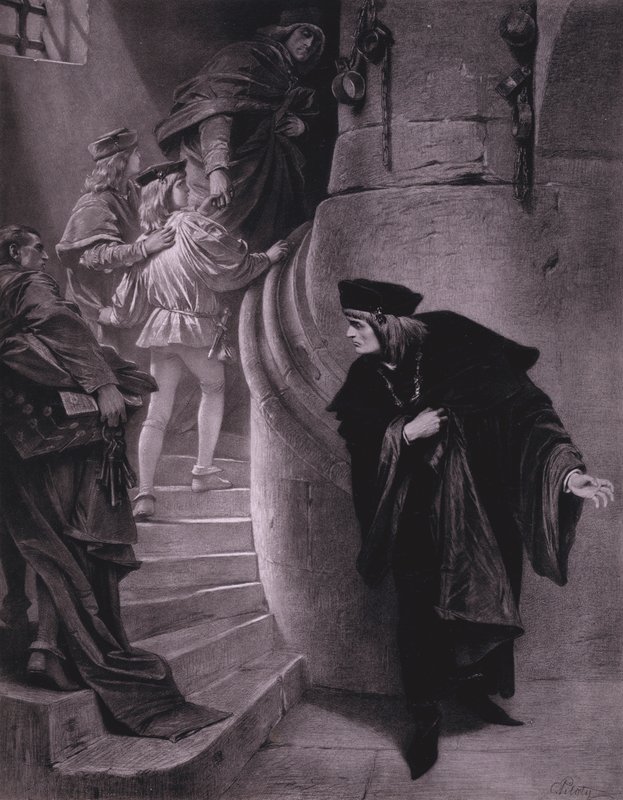 Kohtaus Shakespearen Kuningas Rikhard III:sta (näytös III, kohtaus 5) (litho) tekijältä Karl Theodor von Piloty