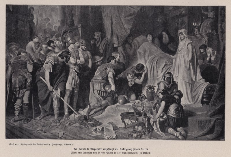 Kuoleva Aleksanteri Suuri vastaanottamassa armeijansa kunnioitusta, Babylon, 323 eKr. (litho) tekijältä Karl Theodor von Piloty