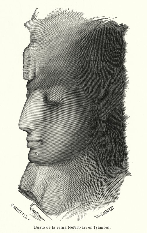 Muinaisen Egyptin kuningatar Nefertarin rintakuva, Ramses Suuren vaimo, Abu Simbel (litho) tekijältä Karl Wilhelm Gentz