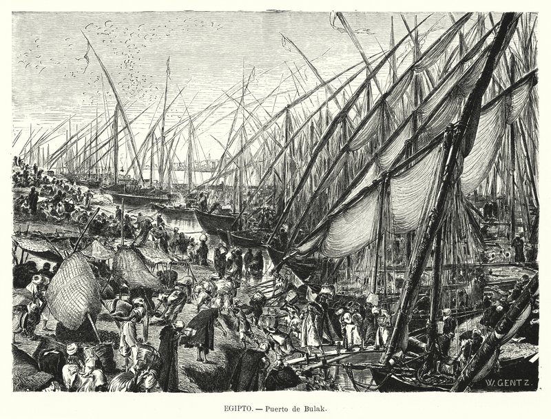 Laiturit Niilillä Bulaqissa, Kairossa, Egyptissä (litho) tekijältä Karl Wilhelm Gentz