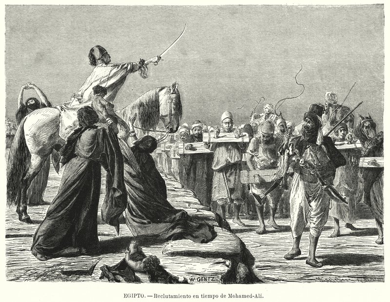 Sotilaiden rekrytointi ottomaanien armeijaan Egyptin Khediven Muhammad Alin aikana (litho) tekijältä Karl Wilhelm Gentz