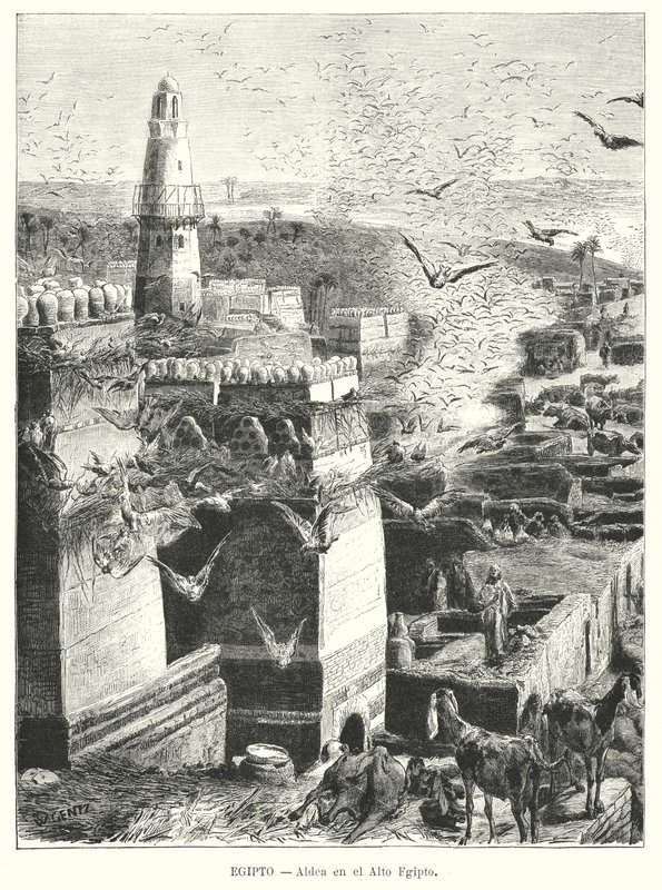 Kylä Ylä-Egyptissä (litho) tekijältä Karl Wilhelm Gentz