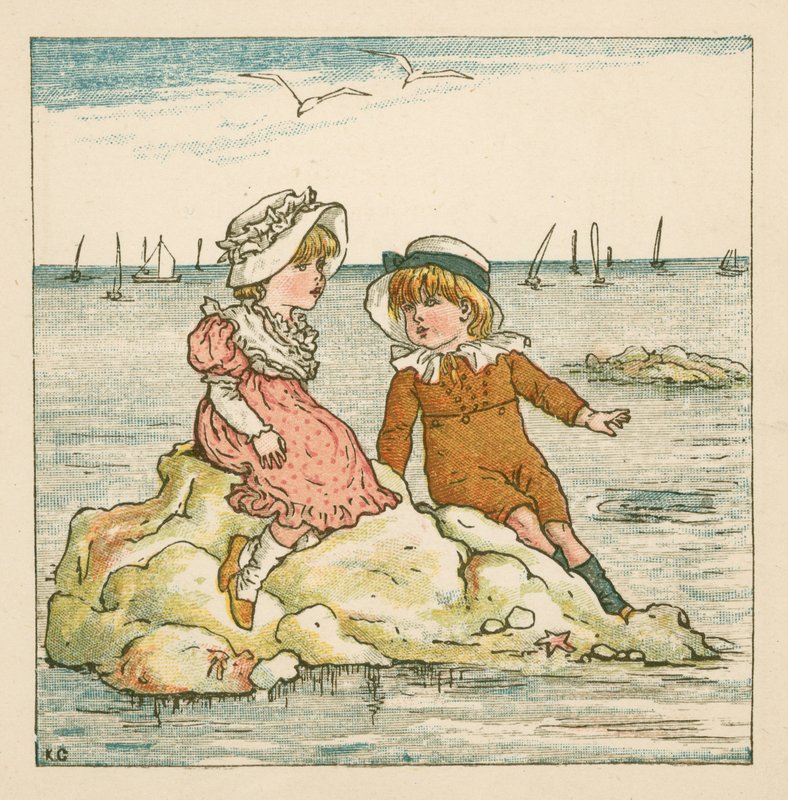 Poika ja tyttö jumissa kivellä (väri litho) tekijältä Kate (after) Greenaway