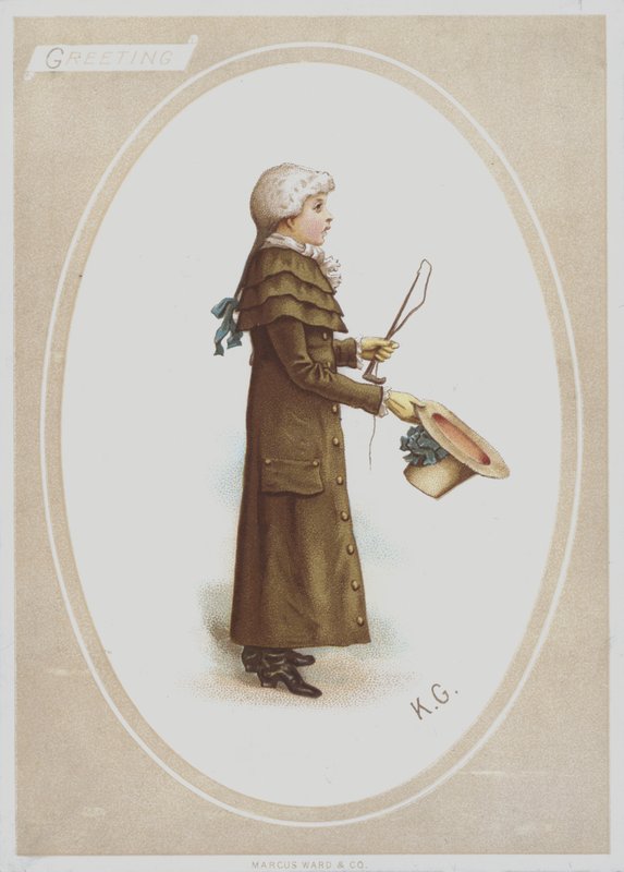 Poika pitkässä ruskeassa takissa, peruukki, pitelee hattua ja metsästyspiiskaa (väri litho) tekijältä Kate (after) Greenaway