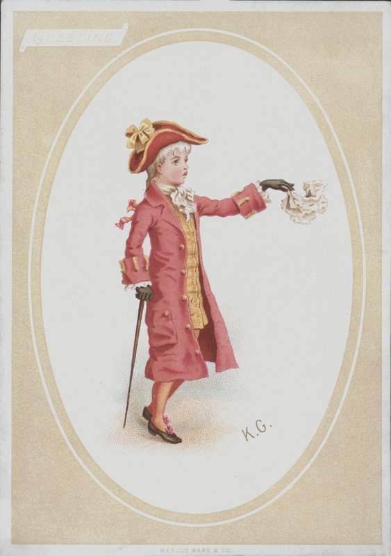 Poika punaisessa puvussa, heiluttava nenäliina (väri litho) tekijältä Kate (after) Greenaway