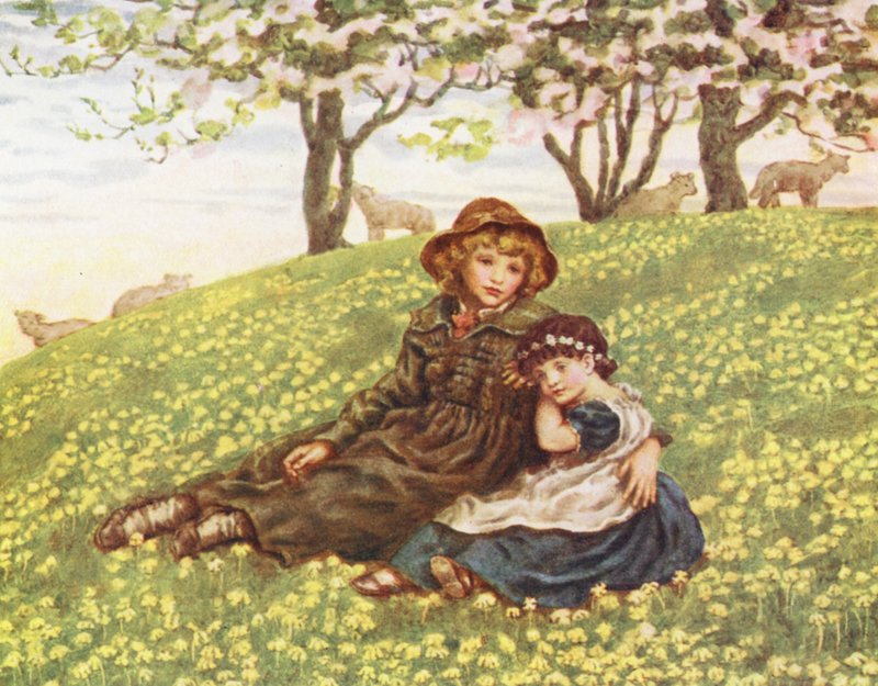 Veli ja sisko (värilitografia) tekijältä Kate (after) Greenaway