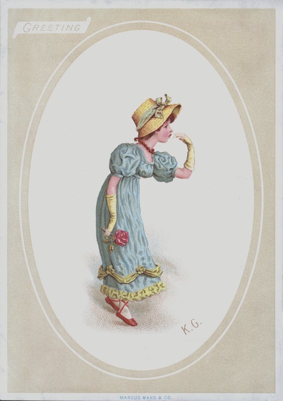 Tyttö sinisessä mekossa, olkipäällinen, pitelee ruusua (väri litho) tekijältä Kate (after) Greenaway