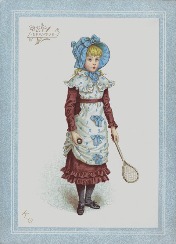 Tyttö mekossa ja konepellissä, kädessään sulkapallo ja maila (väri litho) tekijältä Kate (after) Greenaway