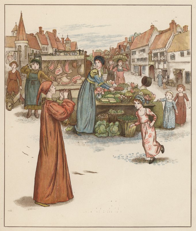 Kate Greenawayn kuvitus Robert Browningin teokseen The Pied Piper of Hamelin (värilitho) tekijältä Kate (after) Greenaway