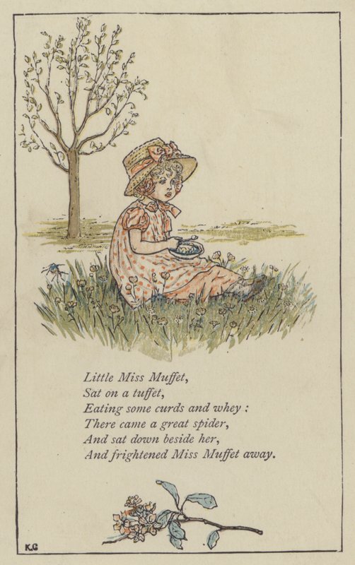 Little Miss Muffet (väri litho) tekijältä Kate (after) Greenaway