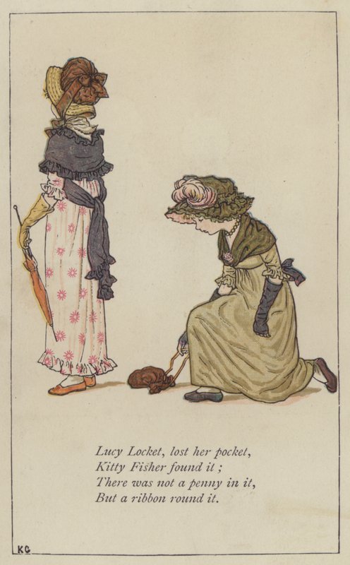 Lucy Medaljonki, menetti taskunsa (väri litho) tekijältä Kate (after) Greenaway