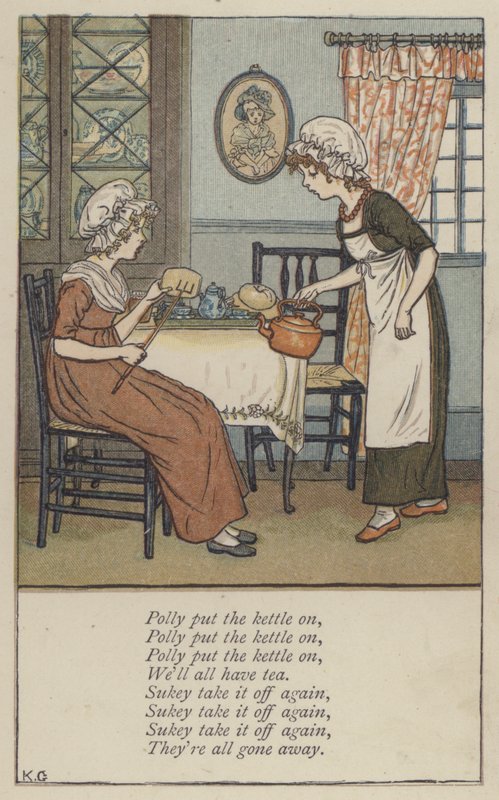 Polly laittoi vedenkeittimen päälle (väri litho) tekijältä Kate (after) Greenaway