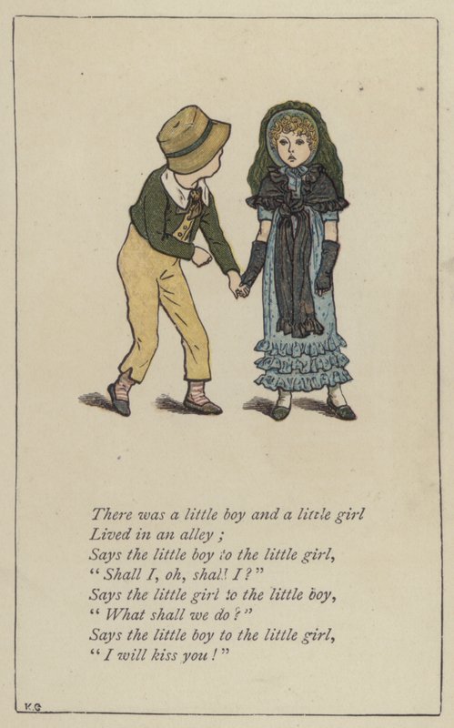 Siellä oli pieni poika ja pieni tyttö (väri litho) tekijältä Kate (after) Greenaway