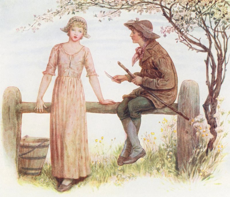 Two at a Stile (värilitografia) tekijältä Kate (after) Greenaway