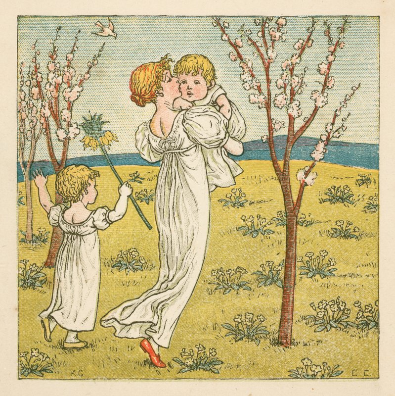 Kävely kukkien keskellä (väri litho) tekijältä Kate (after) Greenaway