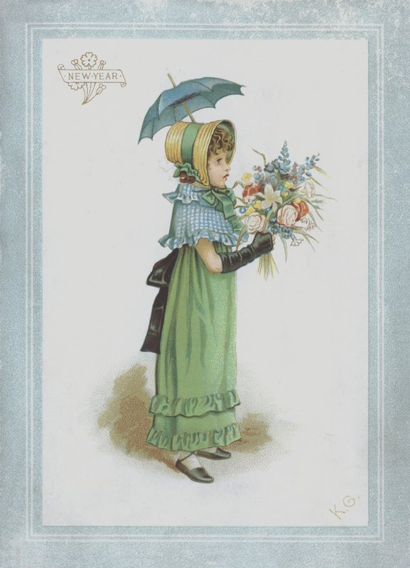 Tyttö vihreässä mekossa, kädessään päivänvarjo ja kukkakimppu tekijältä Kate Greenaway