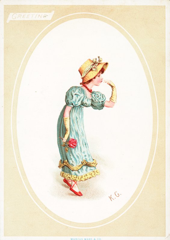 Onnittelukortti (chromolitho) tekijältä Kate Greenaway