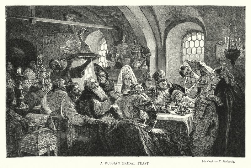 Venäläinen hääjuhla (kaiverrus) tekijältä Konstantin Egorovich Makovsky