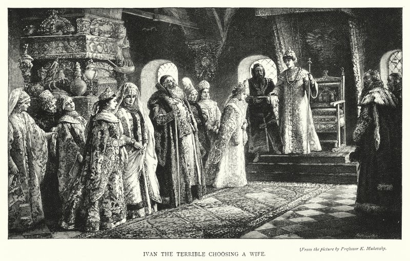 Ivan Julma valitsemassa vaimoa (kaiverrus) tekijältä Konstantin Egorovich Makovsky